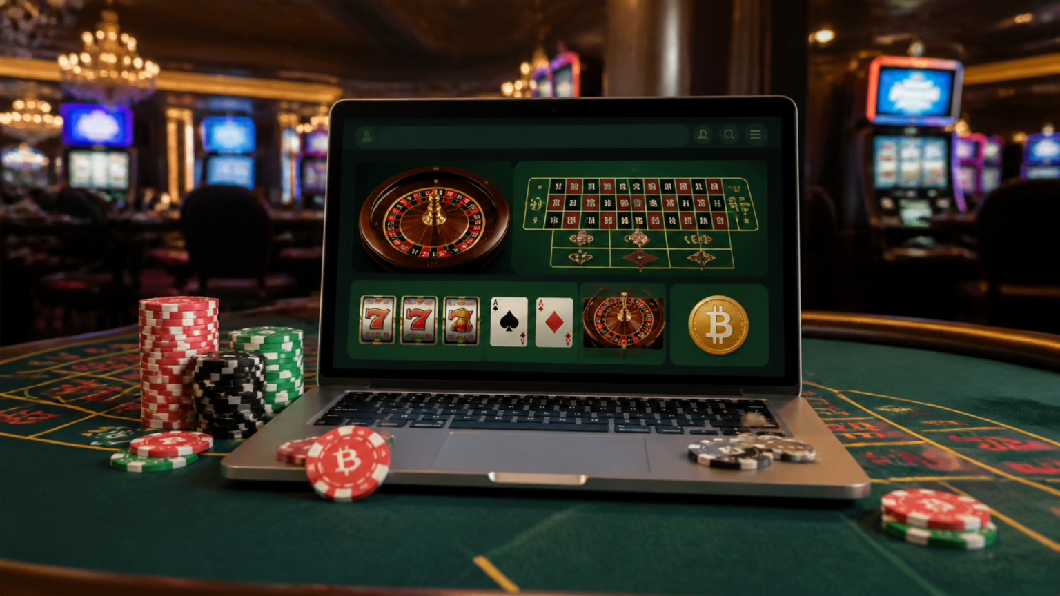 Crypto casino gaming setup with chips and a laptop screen