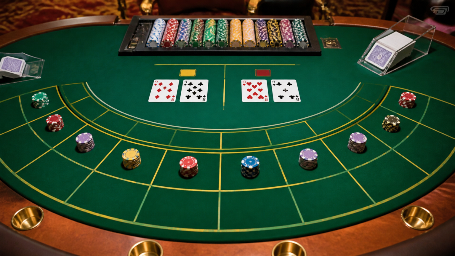 Bàn baccarat với các lá bài, phỉnh cược và khu vực đặt cược