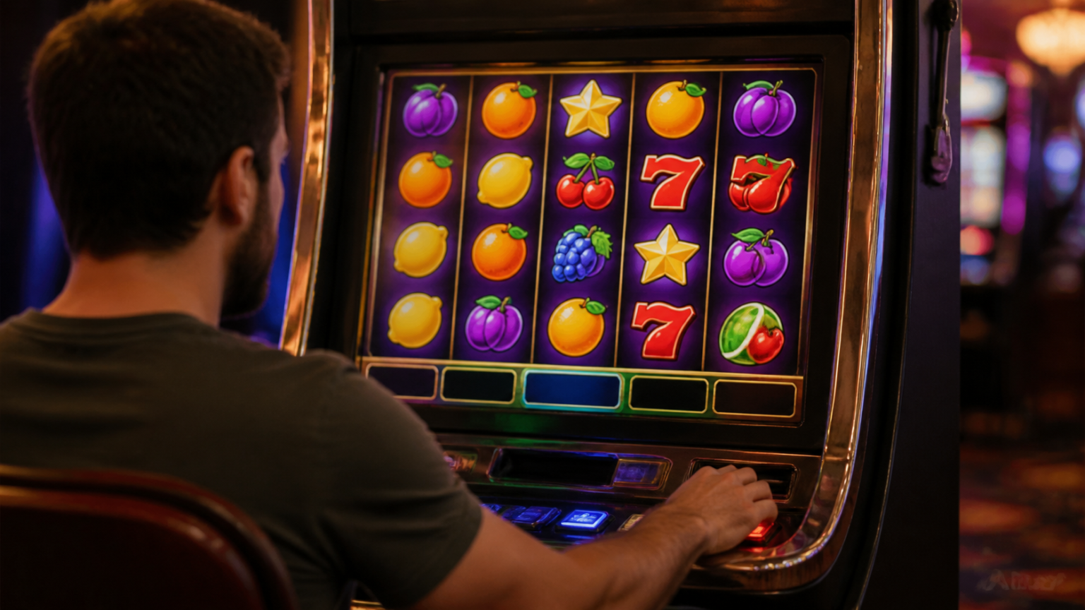 game nổ hủ: Cách tìm hiểu và chơi có trách nhiệm Máy trò chơi nổ hũ với các trục biểu tượng nhiều màu sắc trên màn hình