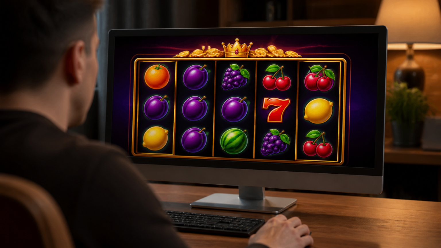 Màn hình trò chơi nổ hũ với biểu tượng trái cây và hiển thị jackpot