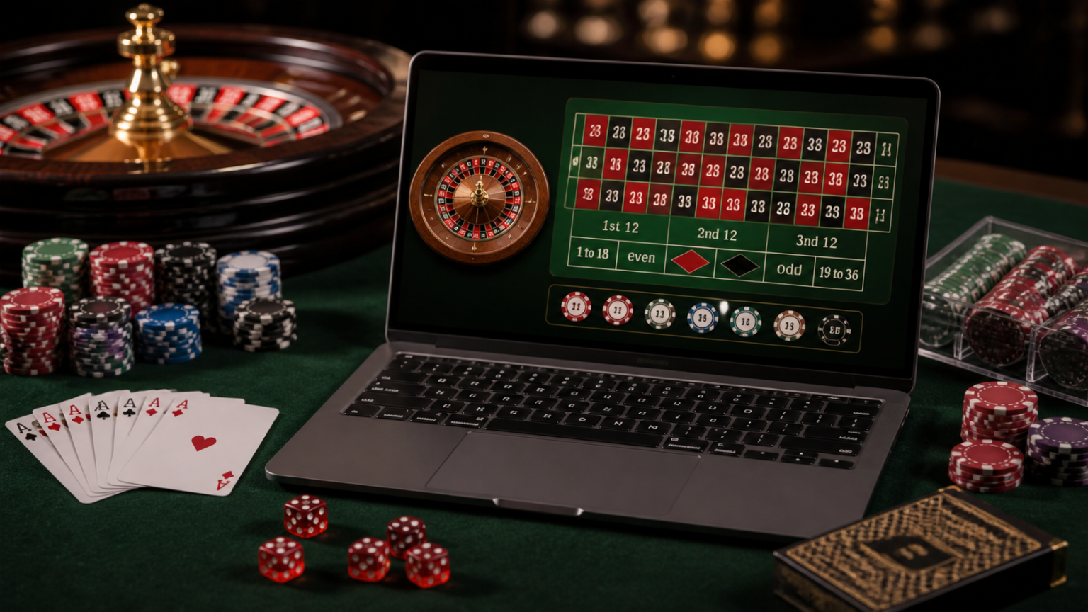 Casino gaming setup showing online betting on a laptop and cards