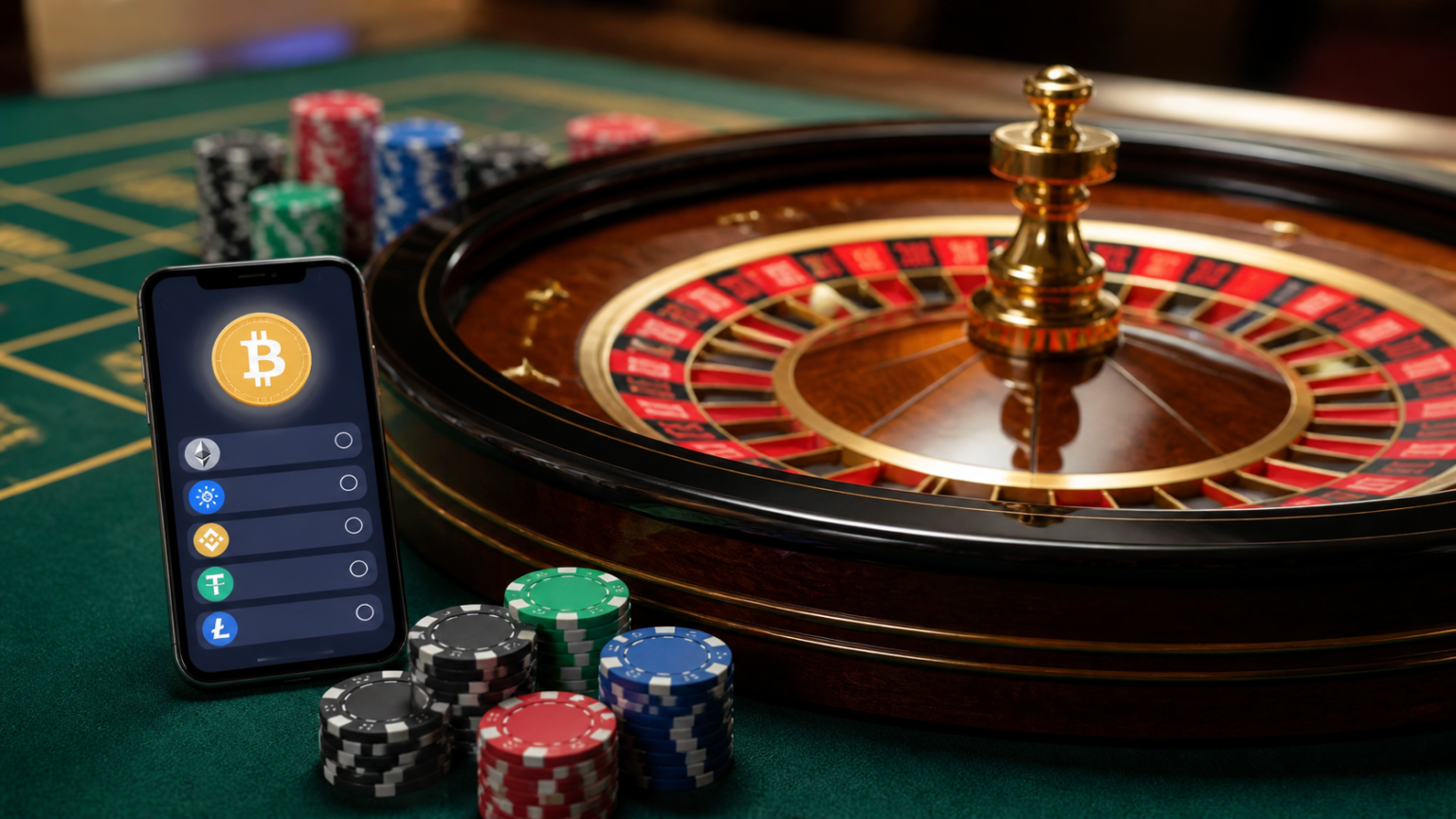 Roulette table beside a smartphone showing a cryptocurrency payment screen
